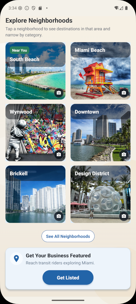 CarFree neighborhood browsing screen with large visual cards for Miami districts