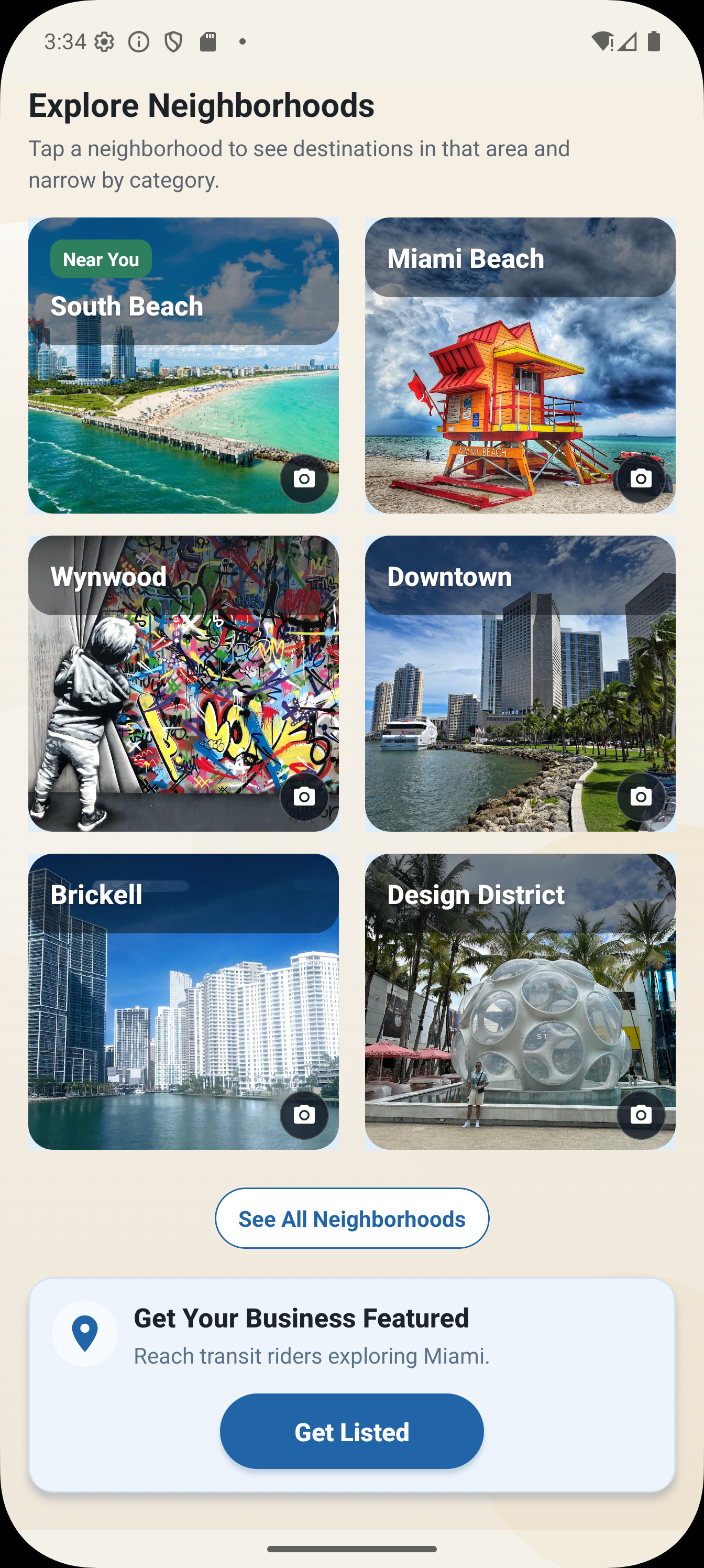CarFree neighborhood browsing screen with large visual cards for Miami districts