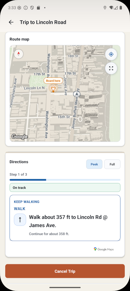 CarFree trip mode screen with route map, progress state, and navigation directions